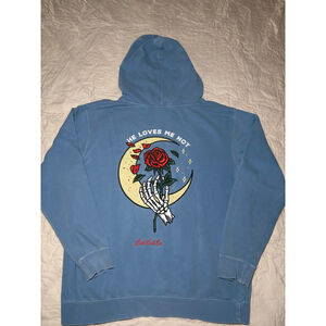 LAST CALL CO. Loves Womens Hoodie "He Loves Me Not" Large Blue Moon Rose